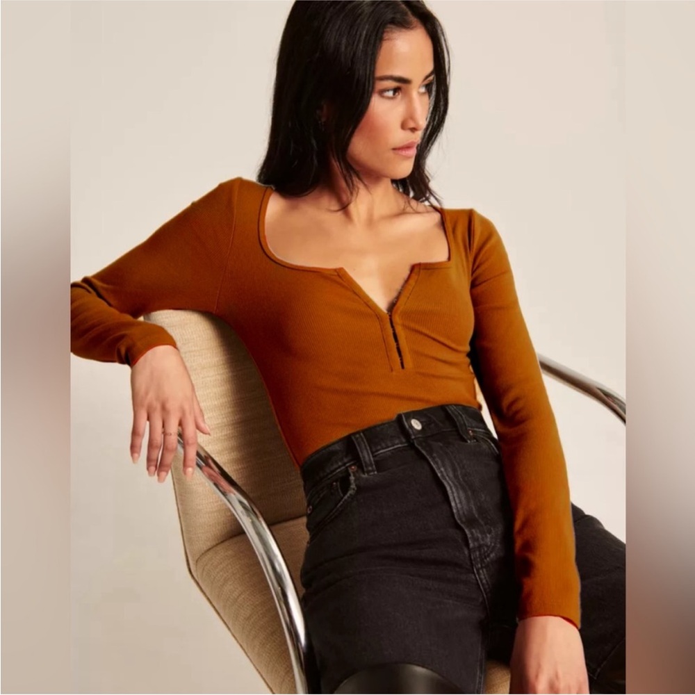 Abercrombie and Fitch Soft A&F Rib Knit Hook and Eye Henley Bodysuit